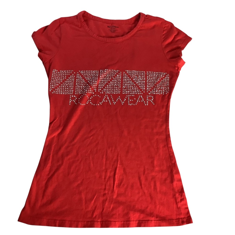 Rocawear T Shirt Womens Medium Red Rhinestone Logo Y2K Streetwear Hip Hop